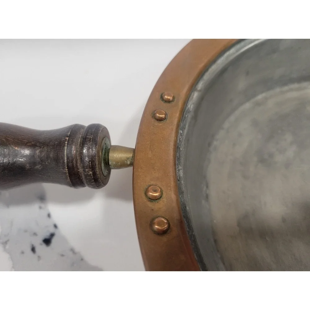 VINTAGE COPPER TIN Lined WOOD Handle COOKING Pan With‎ Brass 9 1/2 Inch Diameter
